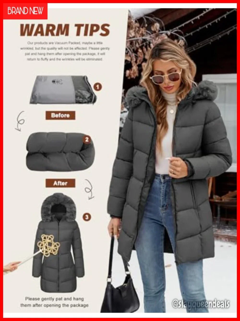 Warm Puffer Down Parka Jacket Fleece Lined Removable Faux Fur Hood